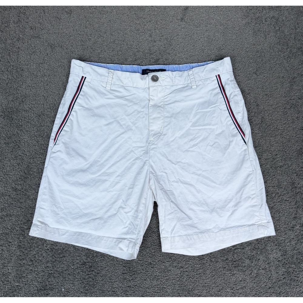 Tommy Hilfiger Mens White Chino Shorts Size 30 Striped Side Tape Stretch Cotton